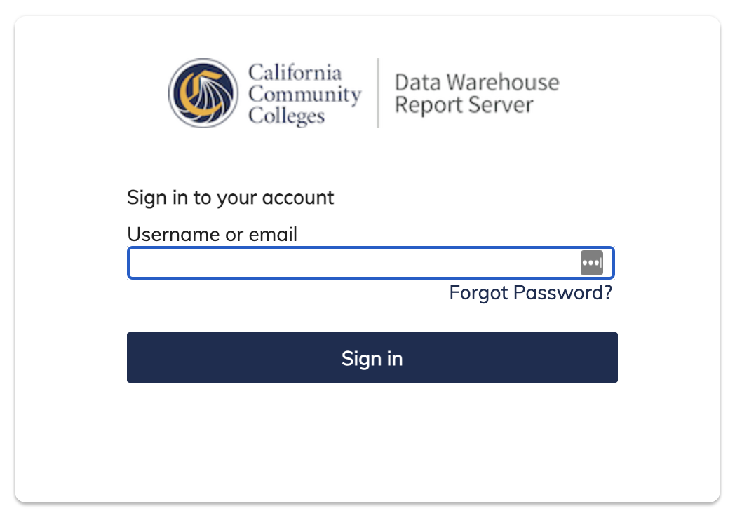 Screen shot of the Data Warehouse Report Server Sign In Email screen.