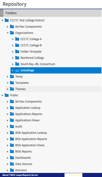 Screen image showing the Organizations and Public folders in the Repository.