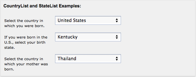 Screenshot showing an example of a country and state list question displayed in the application user interface.