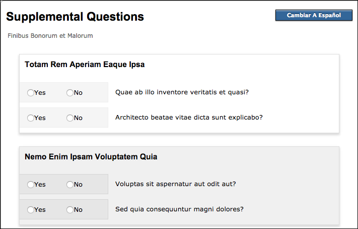 Screenshot showing the example format and layout of two supplemental question sections displayed in Spanish.