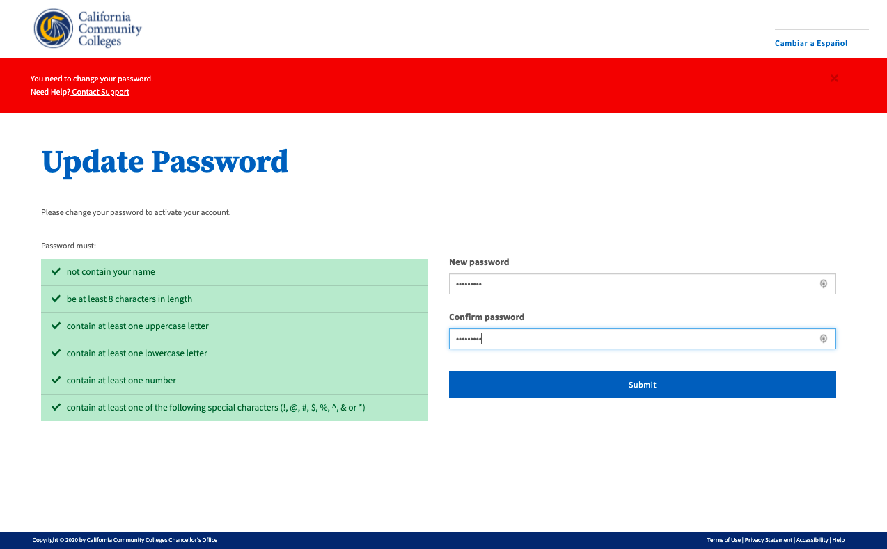 Screenshot showing that all password security requirements have been successfully met.