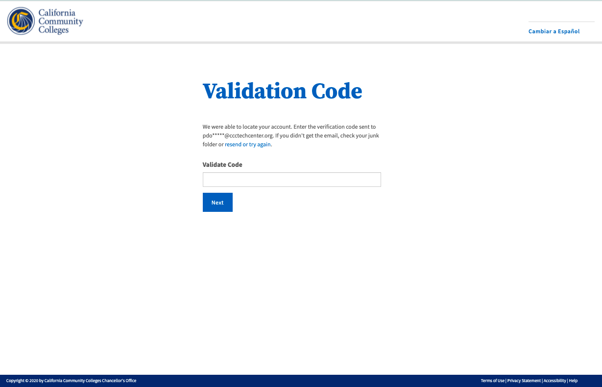 Screenshot of the Validation Code page displayed during the password reset process.