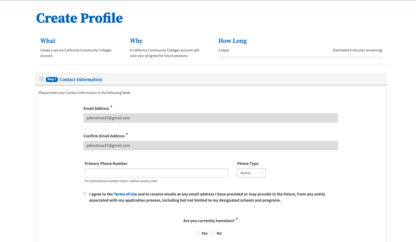 The Contact Information section of the Create Profile page in the OpenCCC account.