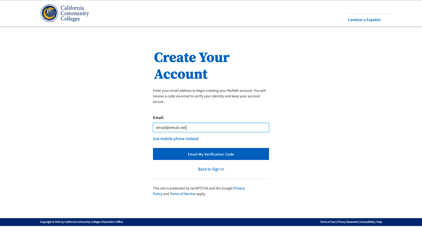 Screenshot of the Create Your Account page with Email input field.