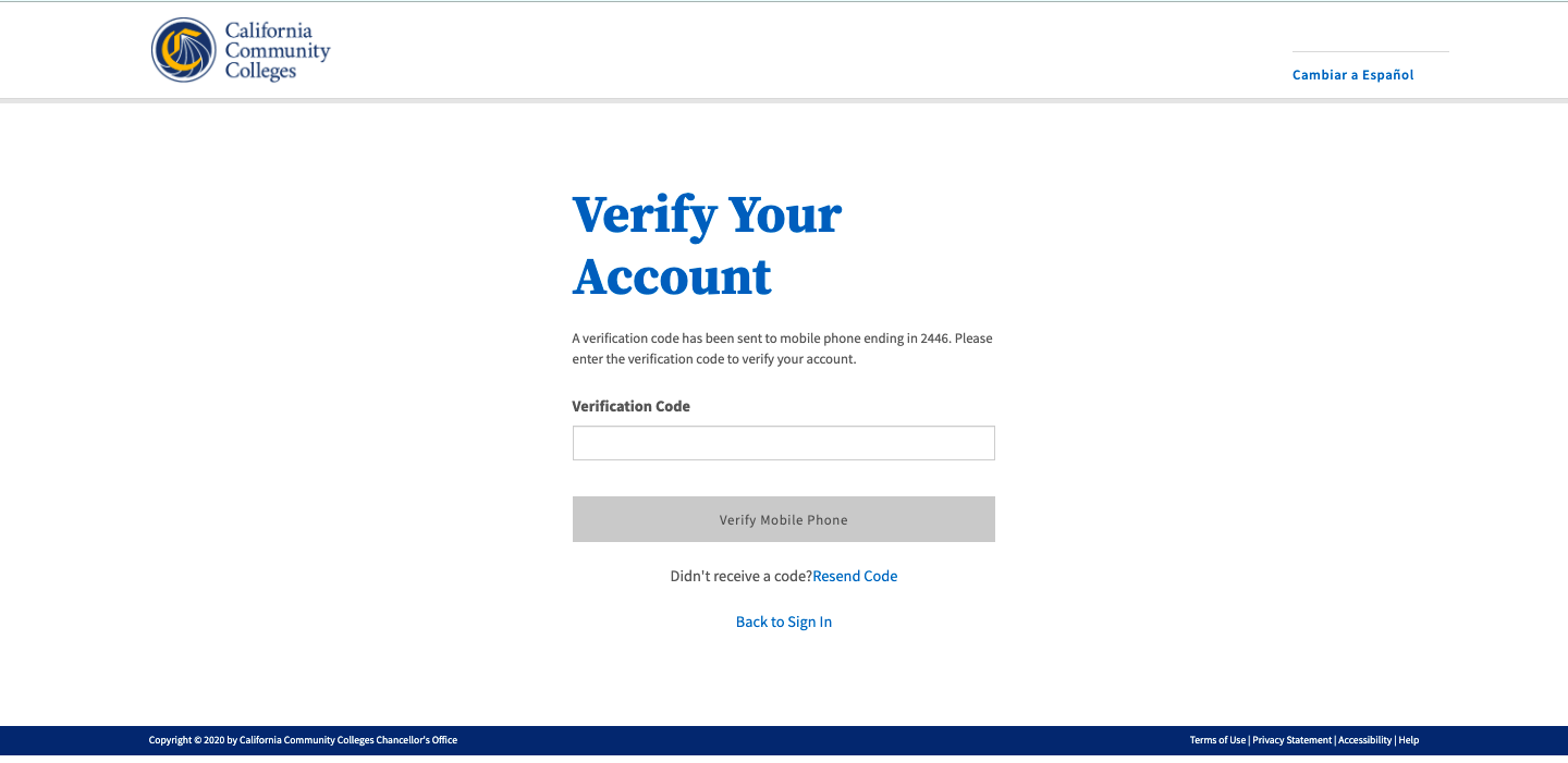 Screenshot of the Verify Your Account page in the OpenCCC Account Creation process.