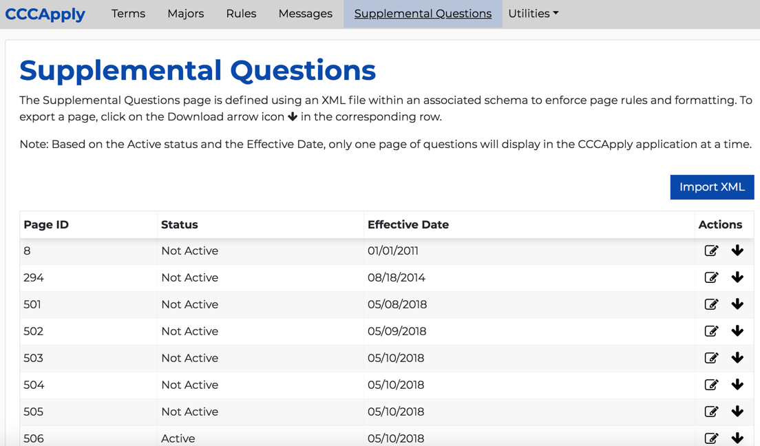 Screenshot of the Supplemental Questions module summary page in the CCCApply Administrator.